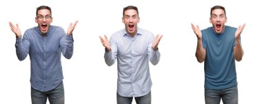 Çılgın kutlama giyen farklı kıyafetler yakışıklı genç adam ve silah ile başarı için hayran çığlık kaldırdı ve açık gözleri heyecanlı. Kazanan kavramı