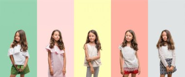 Esmer Latin kız görünümlü yan ve dik dik bakma uzağa düşünce gülümseyen farklı kıyafetler giyen kolaj.