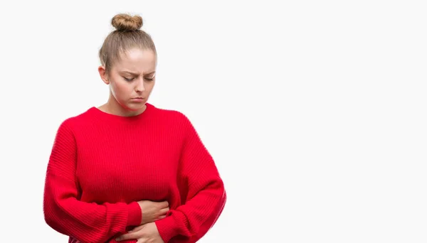 Young Blonde Woman Wearing Bun Red Sweater Hand Stomach Because — Stock Photo, Image