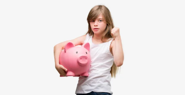 Young Blonde Toddler Holding Piggy Bank Annoyed Frustrated Shouting Anger — Stock Photo, Image