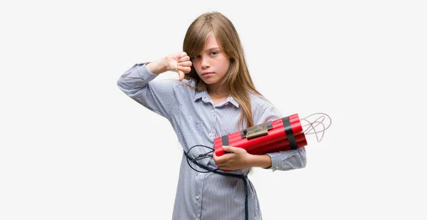 Young Blonde Child Holding Dynamite Bomb Angry Face Negative Sign — Stock Photo, Image