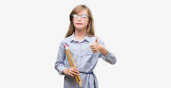 Young Blonde Child Holding Big Pencil Happy Big Smile Doing — Stock Photo, Image