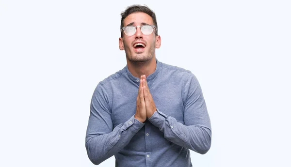 Handsome Young Elegant Man Wearing Glasses Begging Praying Hands Together — Stock Photo, Image