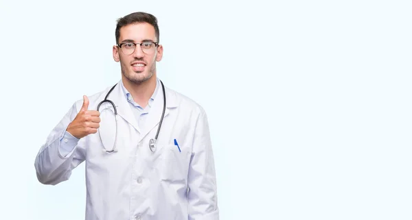 Handsome Young Doctor Man Doing Happy Thumbs Gesture Hand Approving — Stock Photo, Image