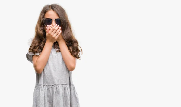 Brunette Hispanic Girl Wearing Sunglasses Shocked Covering Mouth Hands Mistake — Stock Photo, Image