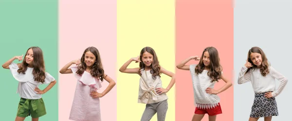 Collage Eines Brünetten Hispanischen Mädchens Verschiedenen Outfits Das Lächelnd Telefongesten — Stockfoto
