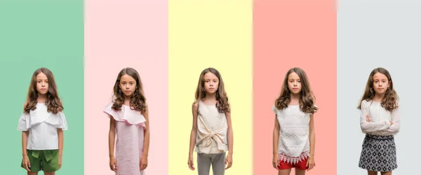 Колаж Брюнетки Іспаномовні Дівчата Різних Вбраннях Серйозним Виразом Обличчі Простий — стокове фото