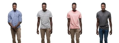 Afrika kökenli Amerikalı adam korkuyor ve şok sürpriz ifade, korku ve heyecan yüz farklı kıyafetler giyen kolaj.