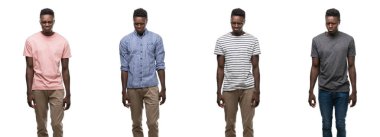 Farklı kıyafetler giyen Afrikalı-Amerikalı adam kolaj depresif ve kızgın ve korkmuş ağlıyor sıkıntı için endişeleniyorum. Üzgün ifade.