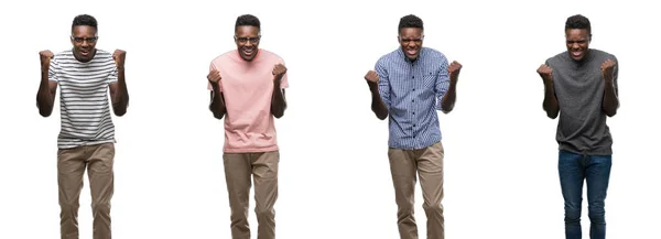 Collage Van Afro Amerikaanse Man Dragen Verschillende Outfits Vieren Verrast — Stockfoto