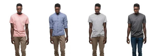 Collage Van Afro Amerikaanse Man Dragen Verschillende Outfits Depressief Bang — Stockfoto