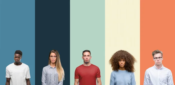 Grupp Människor Över Vintage Färger Bakgrund Deprimerad Och Oro För — Stockfoto