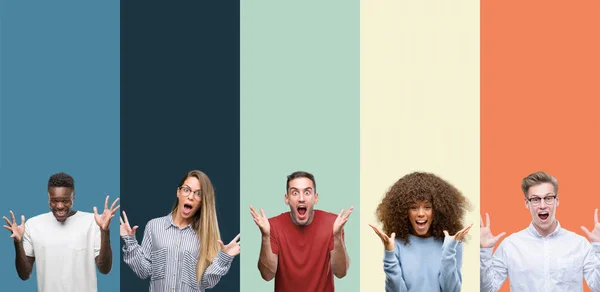 Groep Mensen Vintage Kleuren Achtergrond Vieren Gek Verbaasd Voor Succes — Stockfoto