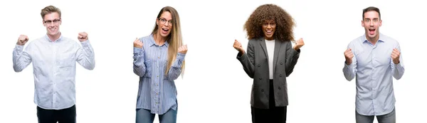 Team Van Zakenlieden Vrouwen Vieren Verrast Verbaasd Voor Succes Met — Stockfoto