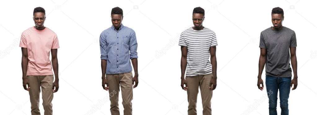 Collage of african american man wearing different outfits depressed and worry for distress, crying angry and afraid. Sad expression.