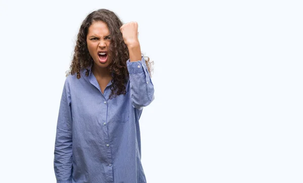 Młody Biznes Hiszpanin Kobieta Zły Szalony Podnosząc Pięść Sfrustrowany Wściekły — Zdjęcie stockowe