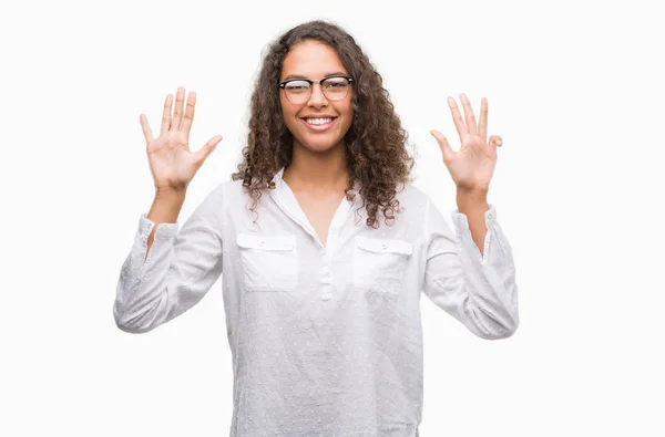 Beautiful Young Hispanic Woman Showing Pointing Fingers Number Nine While — Stock Photo, Image