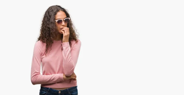 Beautiful Young Hispanic Woman Wearing Sunglasses Looking Stressed Nervous Hands — Stock Photo, Image
