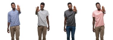 Kolaj Afrikalı-Amerikalı adam dur yapıyor farklı kıyafetler giyen bir avuç ile şarkı. Negatif ve ciddi bir jest yüz ifadesiyle uyarı.