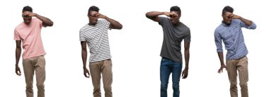 Afrika kökenli Amerikalı adam bir şey pis ve iğrenç kokulu farklı kıyafetler giyiyor, dayanılmaz koku, holding nefes burun parmaklar ile kolaj. Kötü kokuyor kavramı.