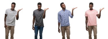 Neşeli sunulması ve kameraya bakarak avucunun ile işaret gülümseyen farklı kıyafetler giyen Afrikalı-Amerikalı adam kolaj.