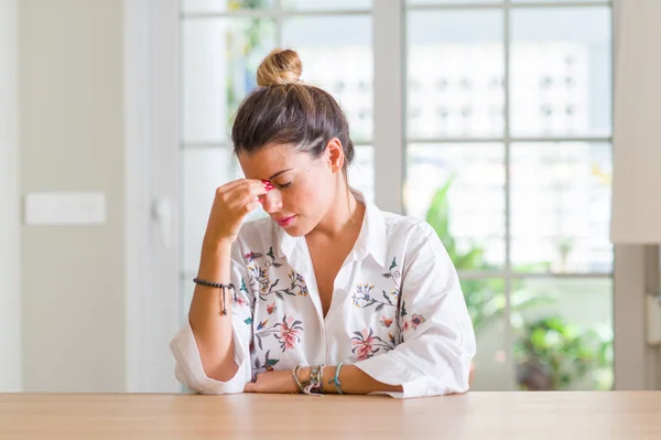 Young Woman Home Tired Rubbing Nose Eyes Feeling Fatigue Headache — Stock Photo, Image