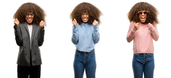 Αφρικανική Αμερικανική Γυναίκα Φοράει Διαφορετικές Εξαρτήσεις Ενθουσιασμένος Για Την Επιτυχία — Φωτογραφία Αρχείου