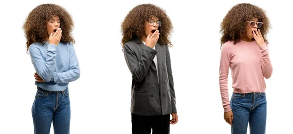 Afro Americana Jovem Vestindo Roupas Diferentes Entediado Bocejo Cansado Cobrindo — Fotografia de Stock