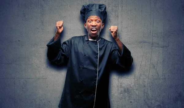 Young Black Cook Wearing Chef Hat Happy Excited Celebrating Victory — Stock Photo, Image