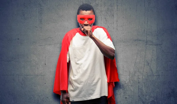 African Black Super Hero Man Sick Coughing Suffering Asthma Bronchitis — Stock Photo, Image