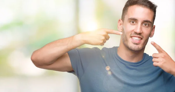 Handsome Young Casual Man Smiling Confident Showing Pointing Fingers Teeth — Stock Photo, Image