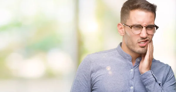 Handsome Young Elegant Man Wearing Glasses Touching Mouth Hand Painful — Stock Photo, Image