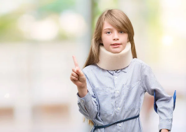 Young Blonde Child Injured Wearing Neck Collar Crutches Surprised Idea — Stock Photo, Image