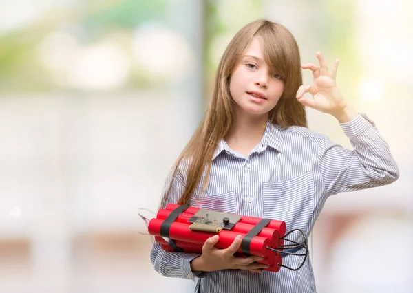 Jonge Blonde Kind Bedrijf Dynamiet Bom Doen Teken Met Vingers — Stockfoto