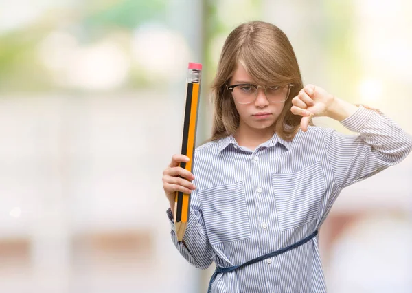 Young Blonde Child Holding Big Pencil Angry Face Negative Sign — Stock Photo, Image