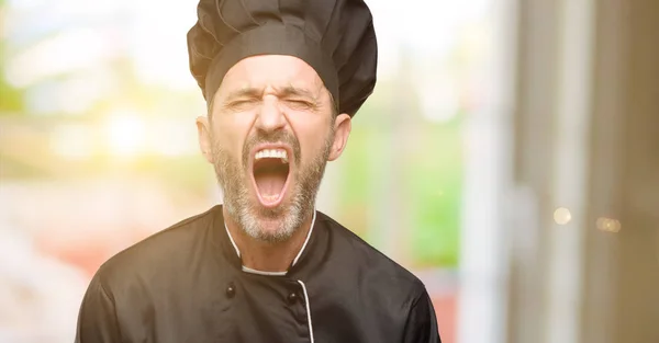 Starszy Kucharz Mężczyzna Kapeluszu Chef Stresujące Przerażony Panice Krzycząc Zdenerwowany — Zdjęcie stockowe