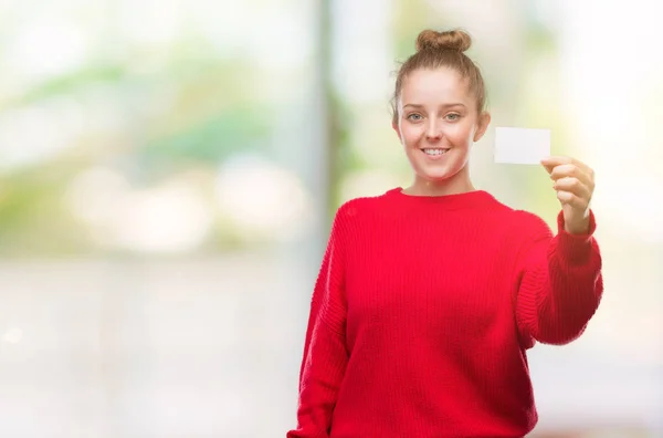 Junge Blonde Frau Mit Einer Werbekarte Mit Einem Glücklichen Gesicht — Stockfoto