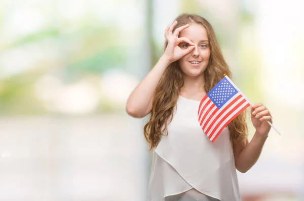 Young Blonde Woman Holding Flag Usa Happy Face Smiling Doing — Stock Photo, Image