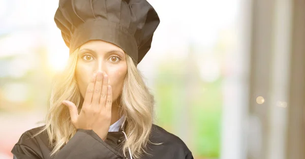 Beautiful Cook Woman Chef Covers Mouth Shock Looks Shy Expressing — Stock Photo, Image