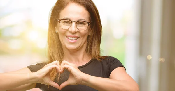 Middle Age Woman Wearing Black Shirt Glasses Happy Showing Love — Stock Photo, Image