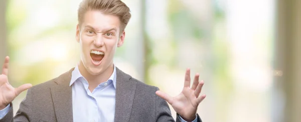 Young Handsome Blond Business Man Crazy Mad Shouting Yelling Aggressive — Stock Photo, Image