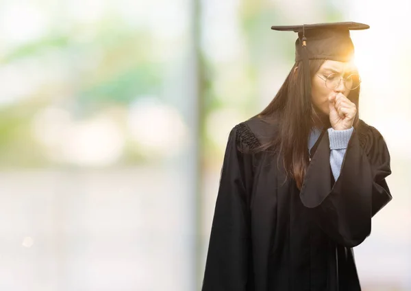 Young Hispanic Woman Wearing Graduated Cap Uniform Feeling Unwell Coughing — Stock Photo, Image