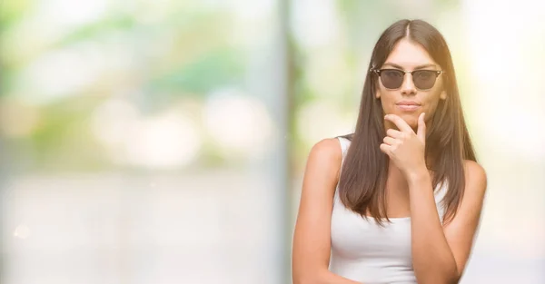 Young Beautiful Hispanic Wearing Sunglasses Looking Confident Camera Smile Crossed — Stock Photo, Image