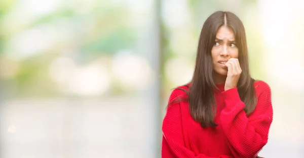 Unga Vackra Spansktalande Röd Tröja Ser Stressad Och Nervös Med — Stockfoto