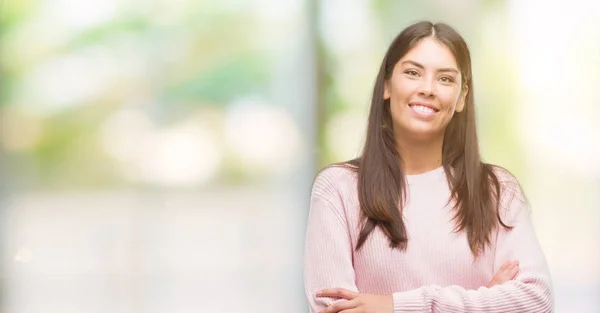 Joven Mujer Hispana Hermosa Vistiendo Una Cara Feliz Suéter Sonriendo —  Fotos de Stock