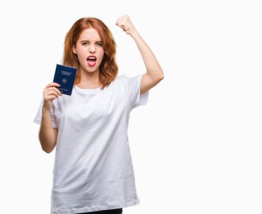 Genç güzel kadın holding pasaport Almanya izole arka rahatsız üzerinde ve boşa çıkarmak ile öfke, çılgın ve yükseltilmiş eliyle diye bağıran öfke kavramı bağırarak.