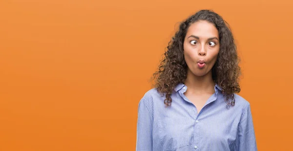 Young Hispanic Business Woman Making Fish Face Lips Crazy Comical — Stock Photo, Image