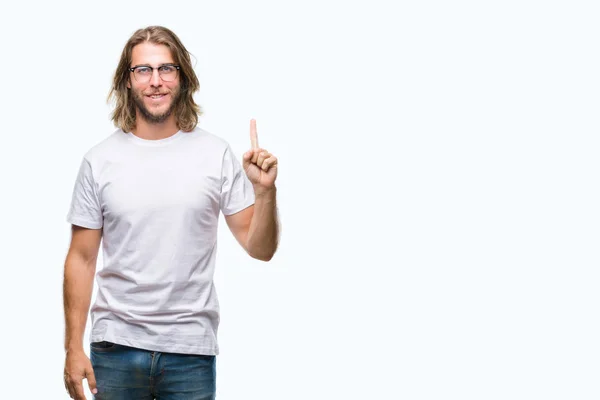 Young Handsome Man Long Hair Wearing Glasses Isolated Background Showing — Stock Photo, Image