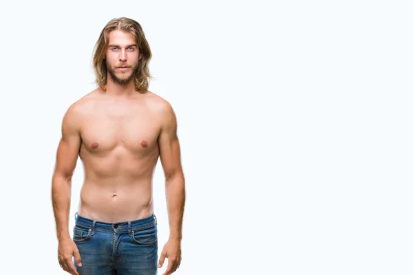 Homem Sem Camisa Bonito Jovem Com Cabelos Longos Mostrando Corpo — Fotografia de Stock