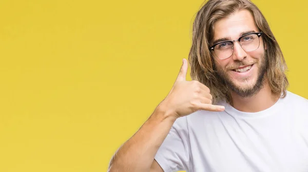 Young Handsome Man Long Hair Wearing Glasses Isolated Background Smiling — Stock Photo, Image